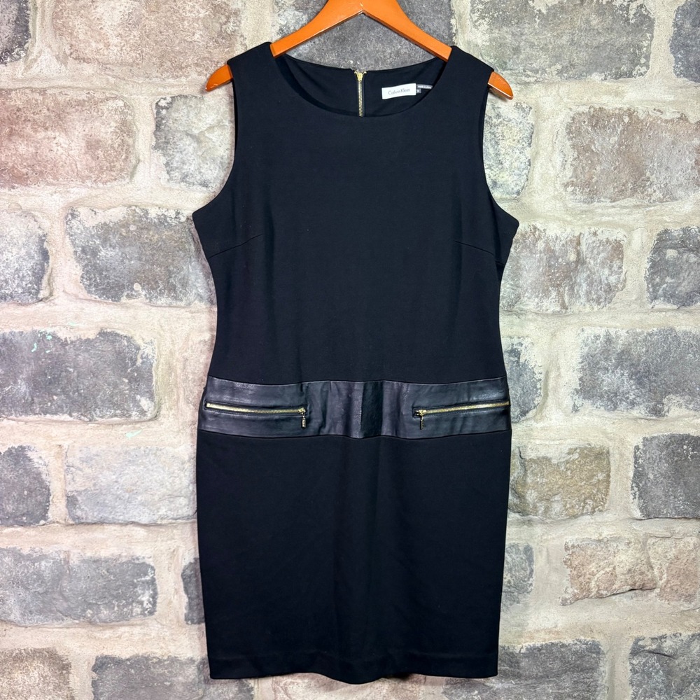 Calvin Klein Black Sleeveless Faux Leather Trim Sheath Dress Woman's 14 Career